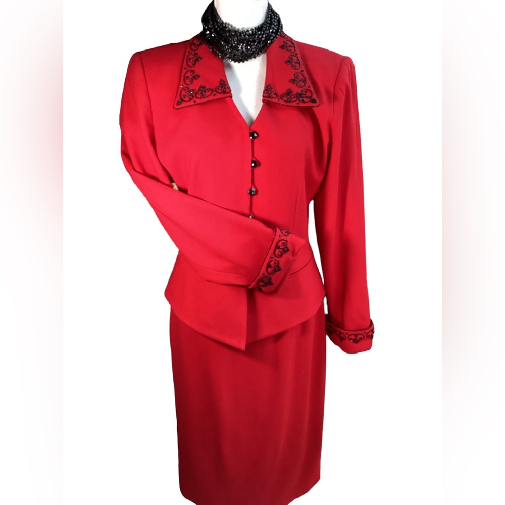 Vintage 1980’s Red Wool & Black Beaded Suit. B29